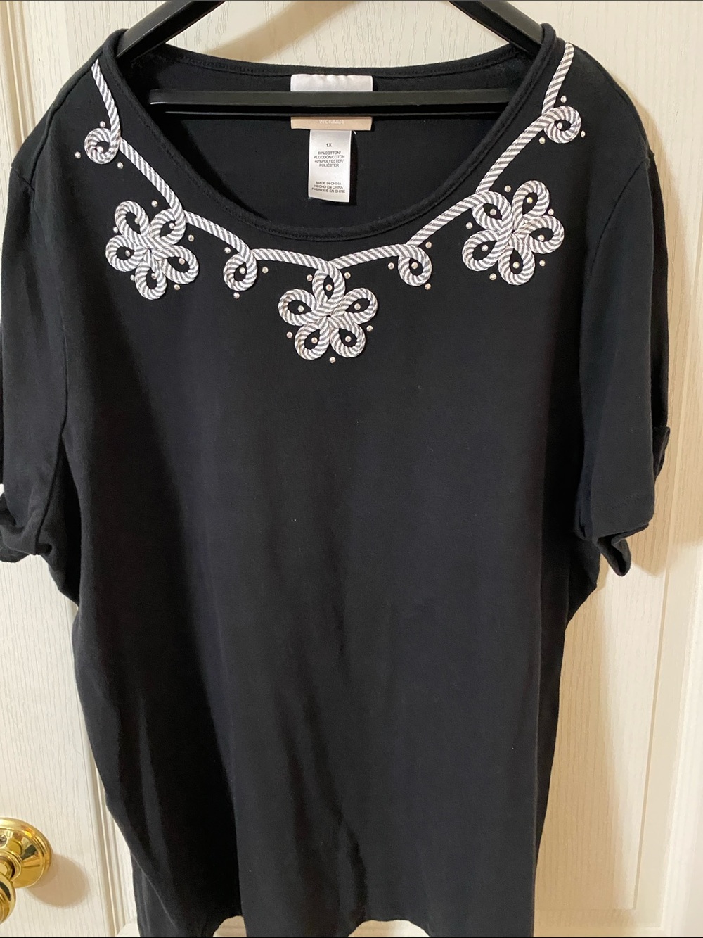 Alfred Dunner Embellished Black Women's Top with White Rope Trim 1X